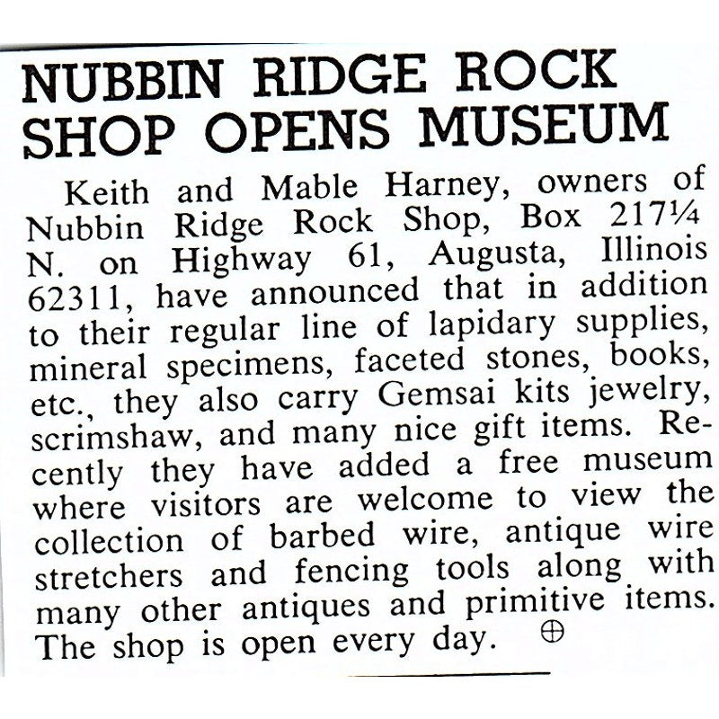 Nubbin Ridge Rock Shop Keith & Mable Harney Augusta IL 1972 Ad AF8-M1
