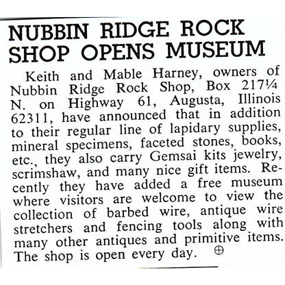 Nubbin Ridge Rock Shop Keith & Mable Harney Augusta IL 1972 Ad AF8-M1