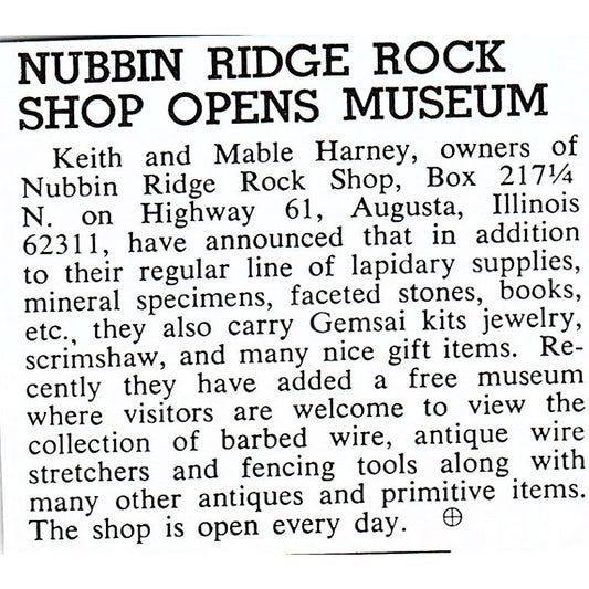 Nubbin Ridge Rock Shop Keith & Mable Harney Augusta IL 1972 Ad AF8-M1