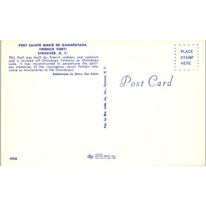 Fort Sainte Marie De Gannentaha Syracuse NY Vintage Postcard PC17
