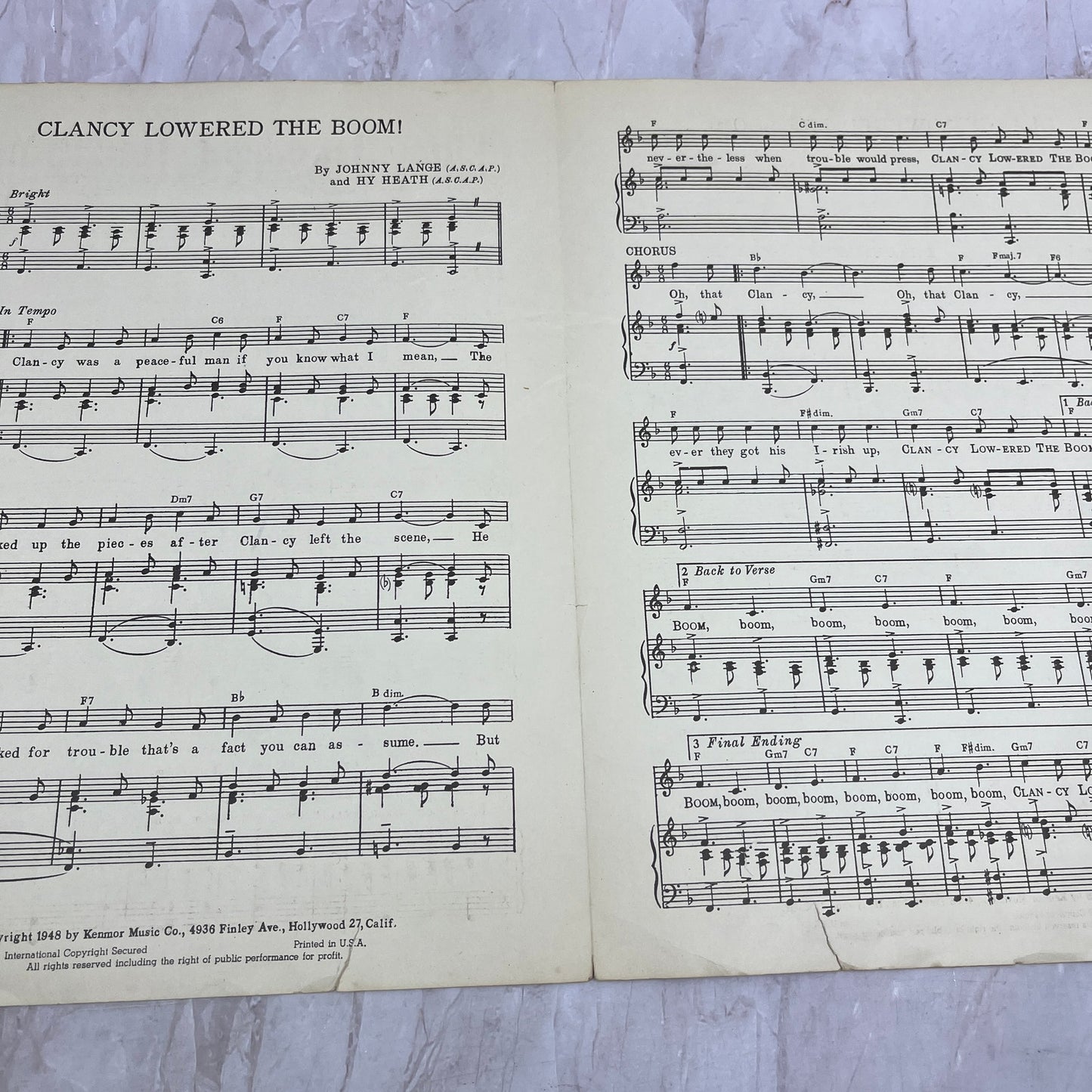 Clancy Lowered the Boom Johnny Lange Hy Heath Antique Sheet Music Ti5