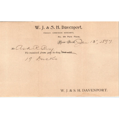 1896 W.J. & S.M. Davenport Produce Merchants New York Billhead Letterhead D17