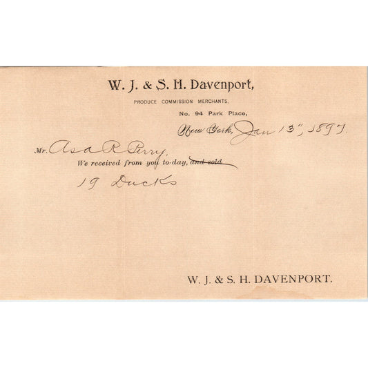 1896 W.J. & S.M. Davenport Produce Merchants New York Billhead Letterhead D17