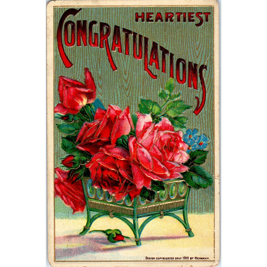 1912 Heartiest Congratulations Heymann Gilt Rose Bouquet Antique Postcard PD8