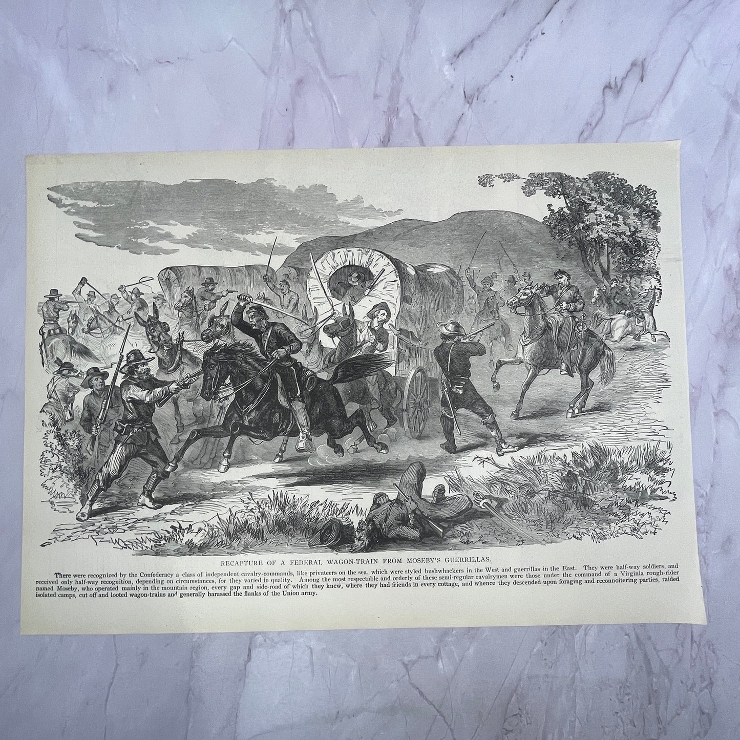 Recapture of Federal Wagon-Train From Moseby's Guerillas 1890s Engraving V14-6