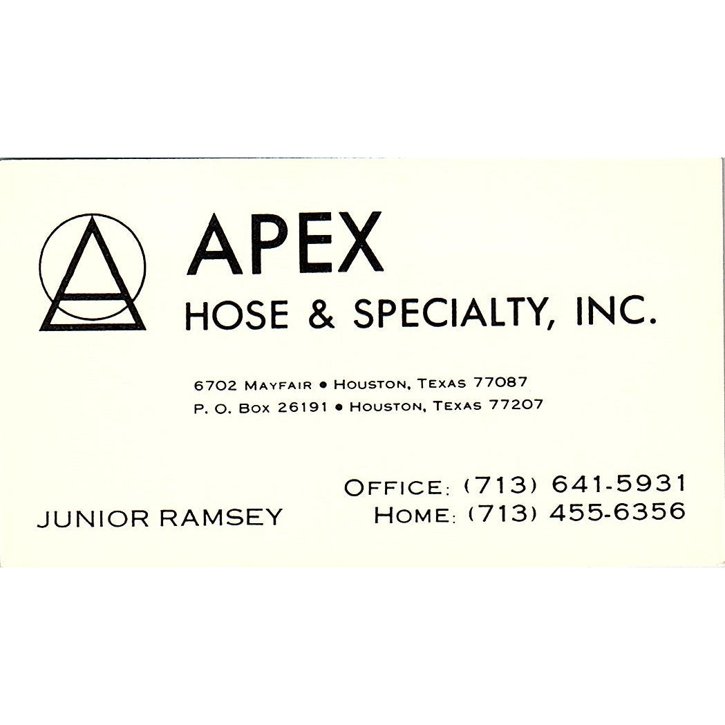 Apex Hose & Specialty Junior Ramsey Houston Texas Vintage Business Card SB4-B4