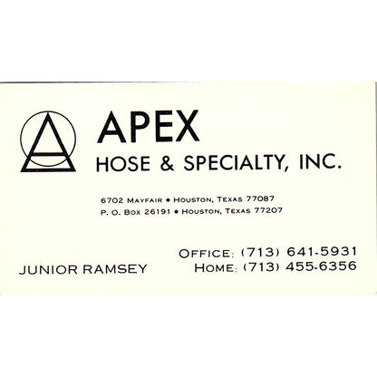 Apex Hose & Specialty Junior Ramsey Houston Texas Vintage Business Card SB4-B4