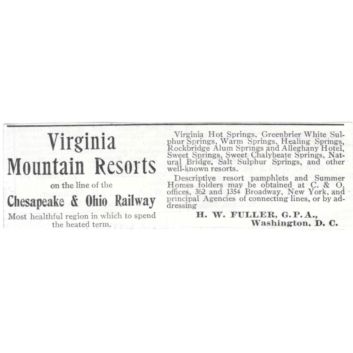Virginia Mountain Resorts C&O RR H.W. Fuller 1918 Original Advertisement AE5-SV3
