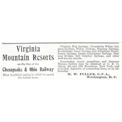 Virginia Mountain Resorts C&O RR H.W. Fuller 1918 Original Advertisement AE5-SV3