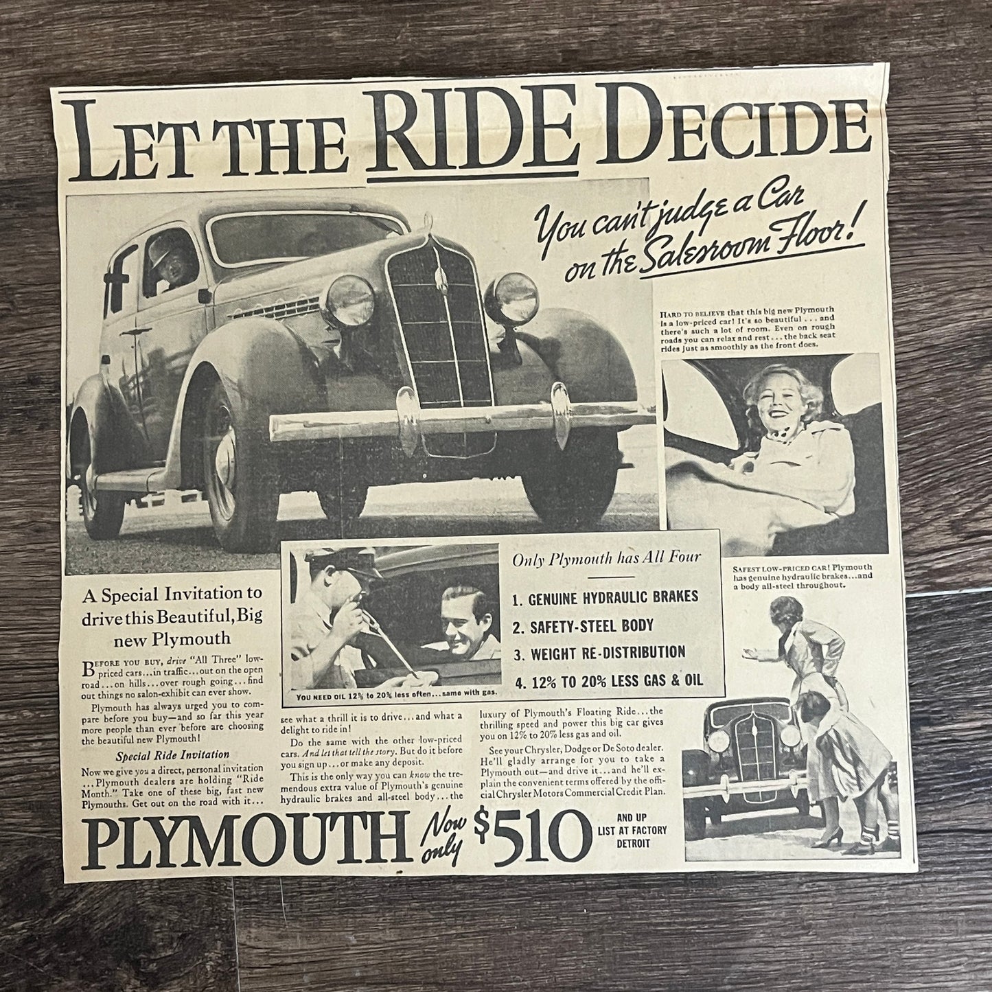Plymouth Automobiles- Let The Ride Decide 1935 Newspaper Ad V1-9