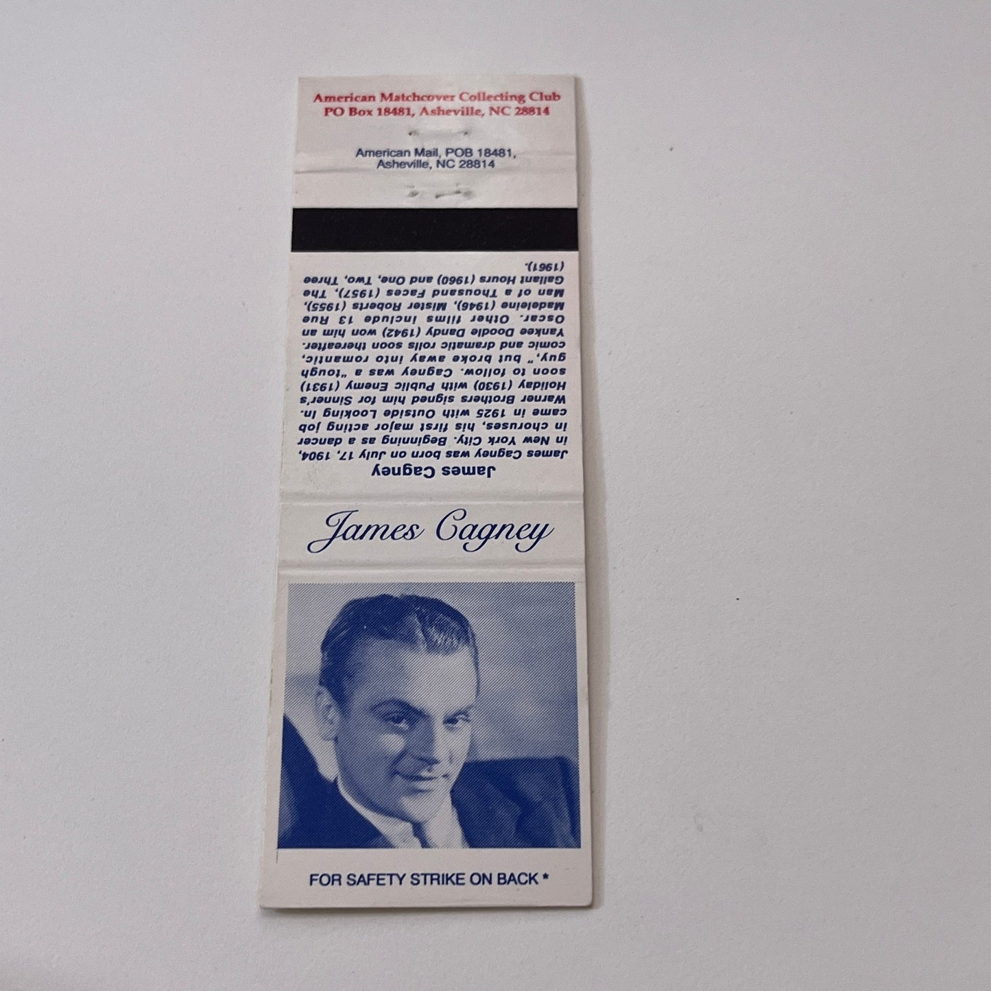 James Cagney Bio Vintage Matchbook Cover TB6-MB2-1