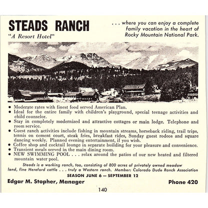 Steads Ranch Resort Hotel Edgar M Stopher Denver CO 1958 Ad AG1-H3