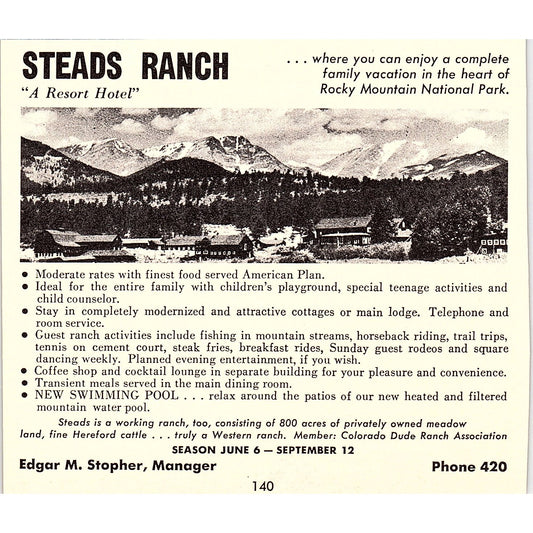 Steads Ranch Resort Hotel Edgar M Stopher Denver CO 1958 Ad AG1-H3