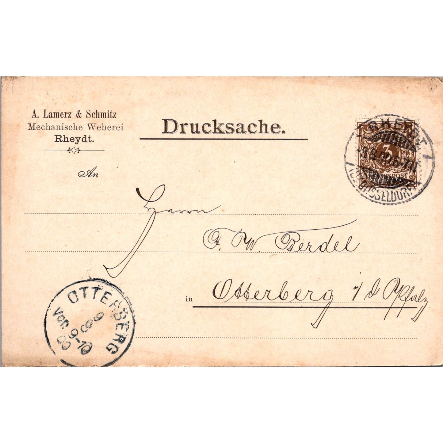 JH Lamerz & Schmitz Rheydt Otterburg 1900 German Reich Postcard TE2-GRP