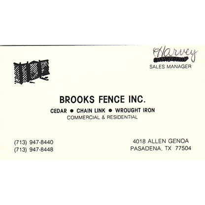 Brooks Fence Inc Harvey David Pate Pasadena TX Vintage Business Card SC9-B6
