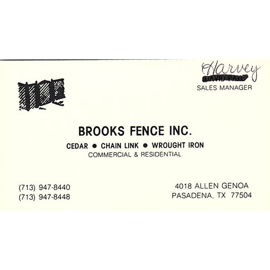 Brooks Fence Inc Harvey David Pate Pasadena TX Vintage Business Card SC9-B6