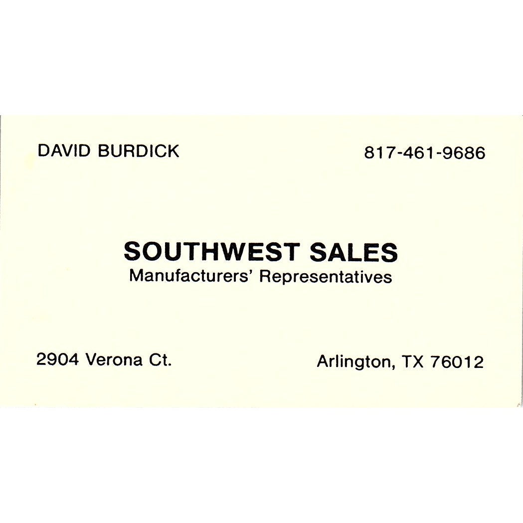 David Burdick Southwest Sales Arlington TX Vintage Business Card SC9-B7