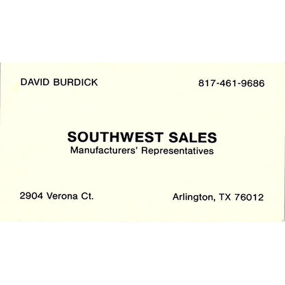 David Burdick Southwest Sales Arlington TX Vintage Business Card SC9-B7