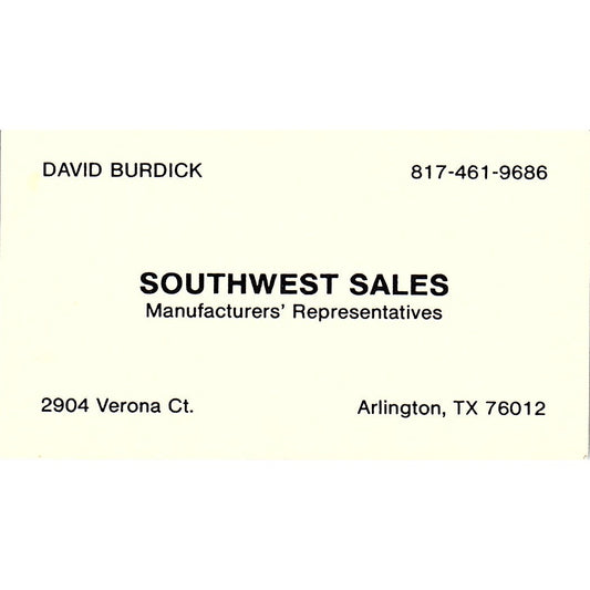 David Burdick Southwest Sales Arlington TX Vintage Business Card SC9-B7