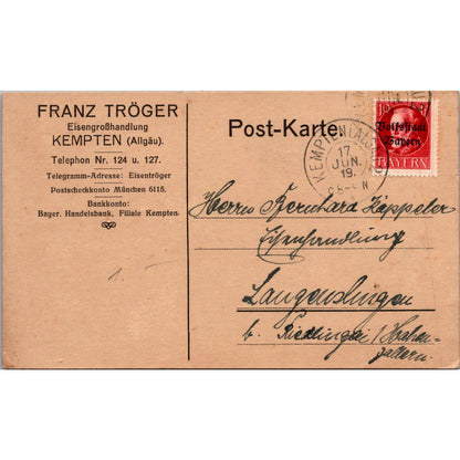 Franz Tröger Eisengroßhandlung Kempten Allgäu 1919 German Reich Postcard TE2-GRP