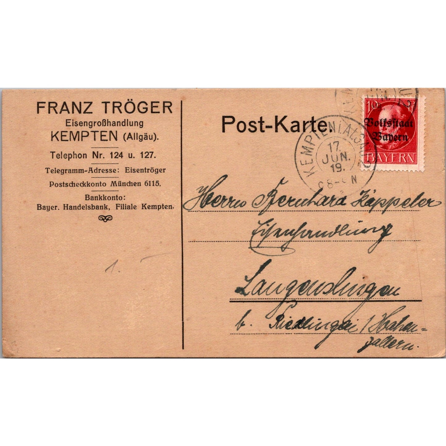 Franz Tröger Eisengroßhandlung Kempten Allgäu 1919 German Reich Postcard P5-12