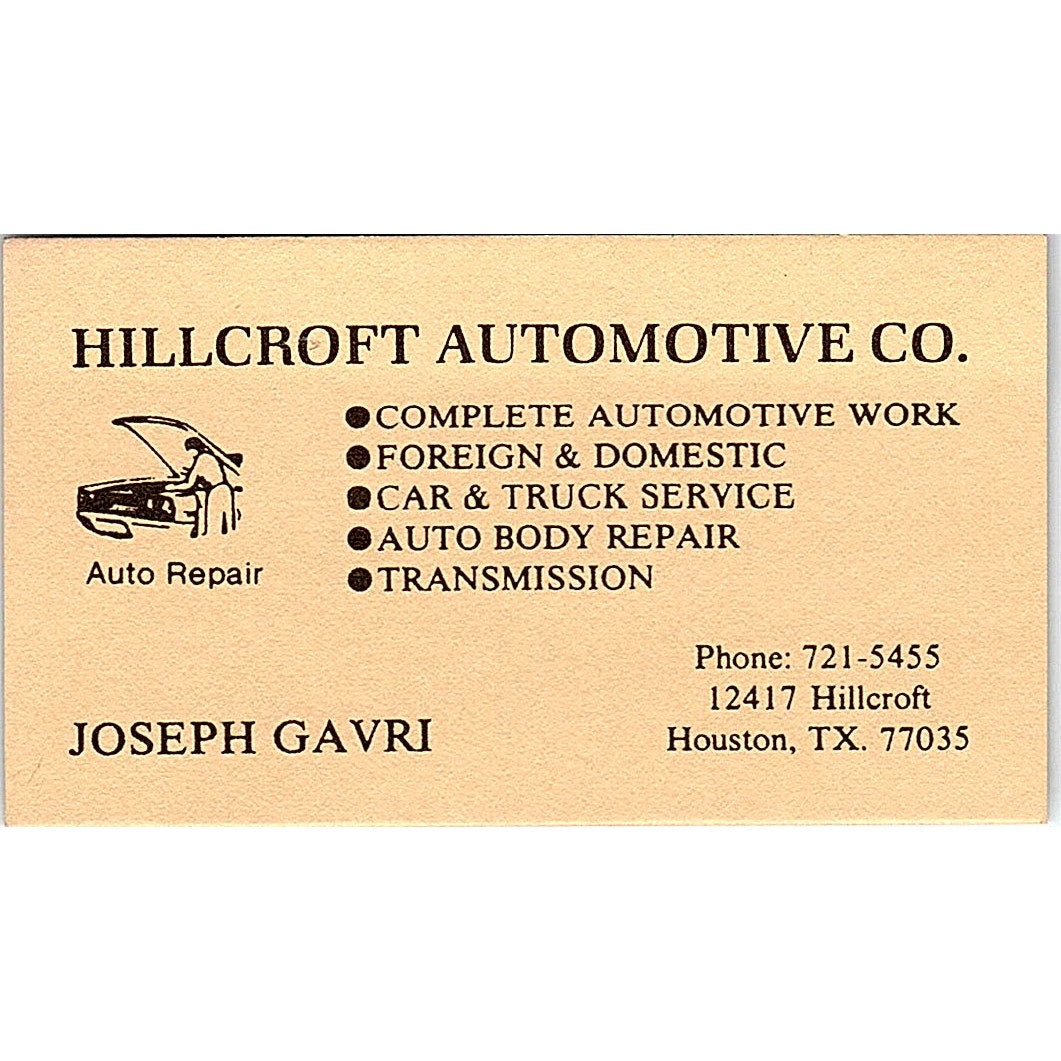 Joseph Gavri Hillcroft Automotive Co Houston TX Vintage Business Card SE3-B14