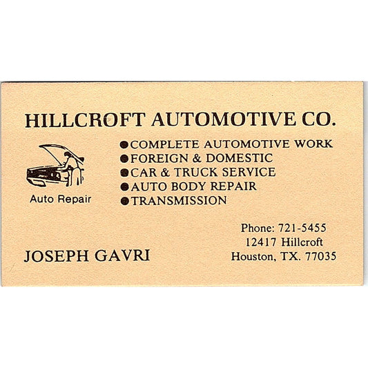 Joseph Gavri Hillcroft Automotive Co Houston TX Vintage Business Card SE3-B14