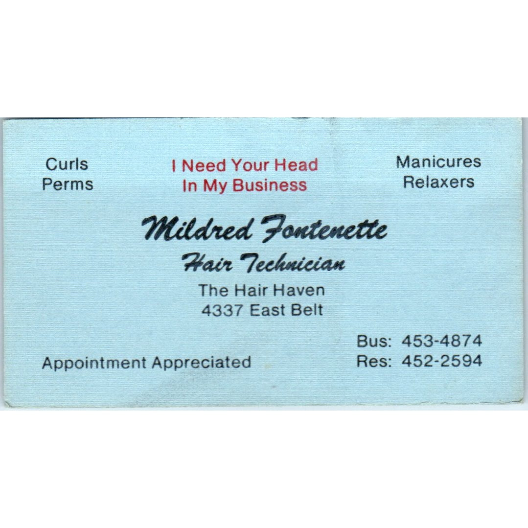 The Hair Haven Mildred Fontenette 4337 East Belt Vintage Business Card SD8-B10