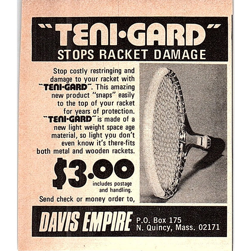 Teni-Gard Stops Tennis Racquet Damage Davis Empire N. Quincy MA 1977 Ad AF3-Q3