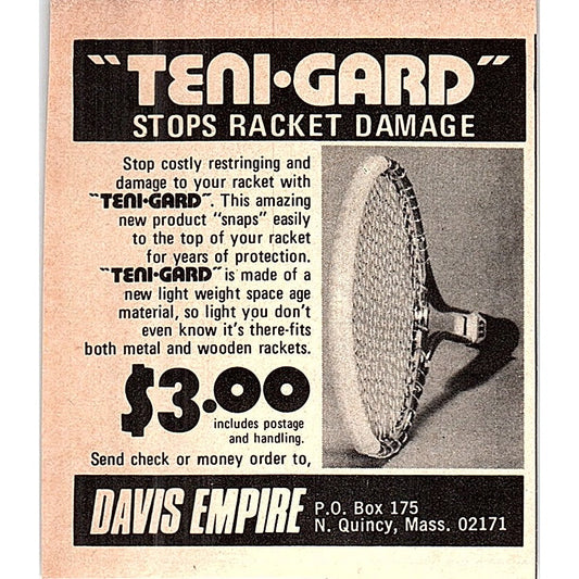 Teni-Gard Stops Tennis Racquet Damage Davis Empire N. Quincy MA 1977 Ad AF3-Q3