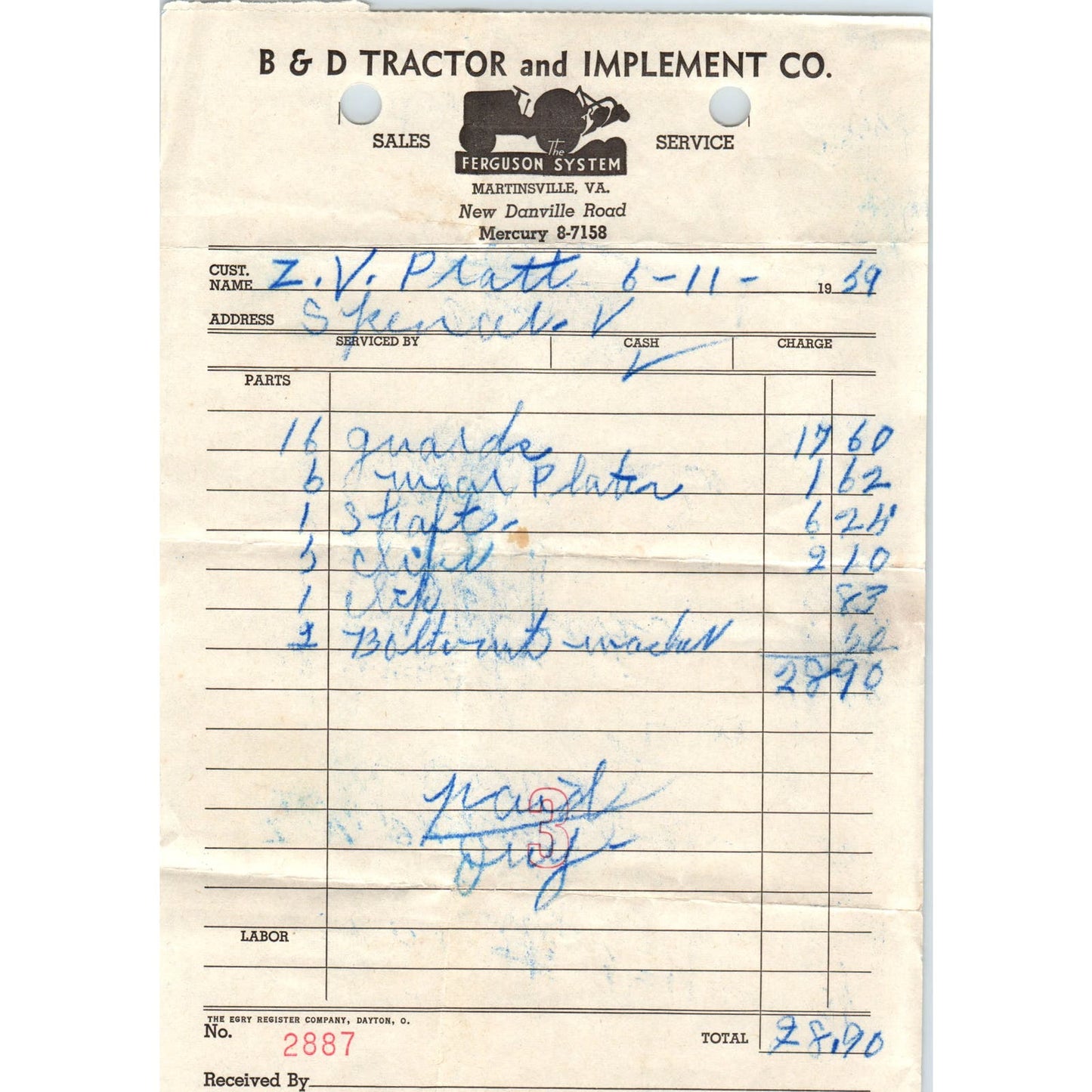 1959 B&D Tractor and Implement Co Ferguson System Martinsville Receipt AF1-RR5