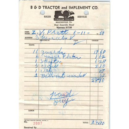 1959 B&D Tractor and Implement Co Ferguson System Martinsville Receipt AF1-RR5