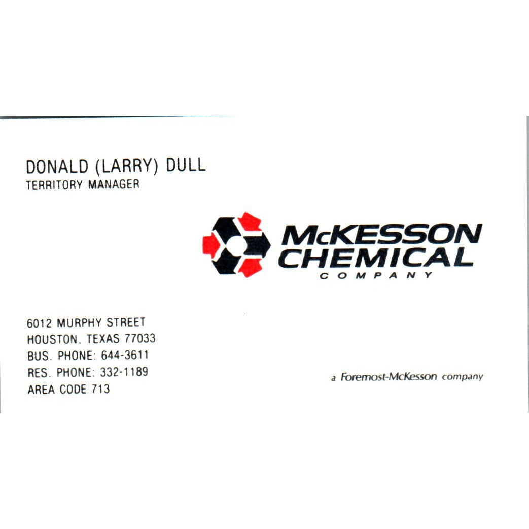 Donald Larry Dull McKesson Chemical Co Houston Vintage Business Card SE3-B10