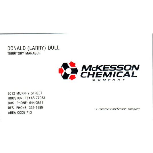 Donald Larry Dull McKesson Chemical Co Houston Vintage Business Card SE3-B10
