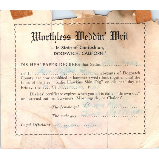 1958 Worthless Weddin Writ Dogpatch CA Humor Spoof Marriage Certificate AB9