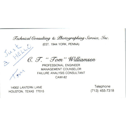 C.T. Tom Williamsen Photography Houston TX Vintage Business Card SD8-B17