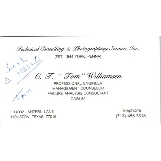 C.T. Tom Williamsen Photography Houston TX Vintage Business Card SD8-B17