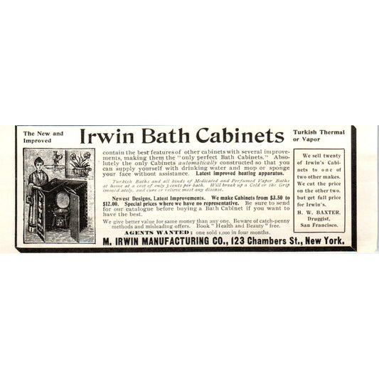 Irwin Mfg Co NY Bath Cabinets c1905 Original Magazine Advertisement AE7-A2