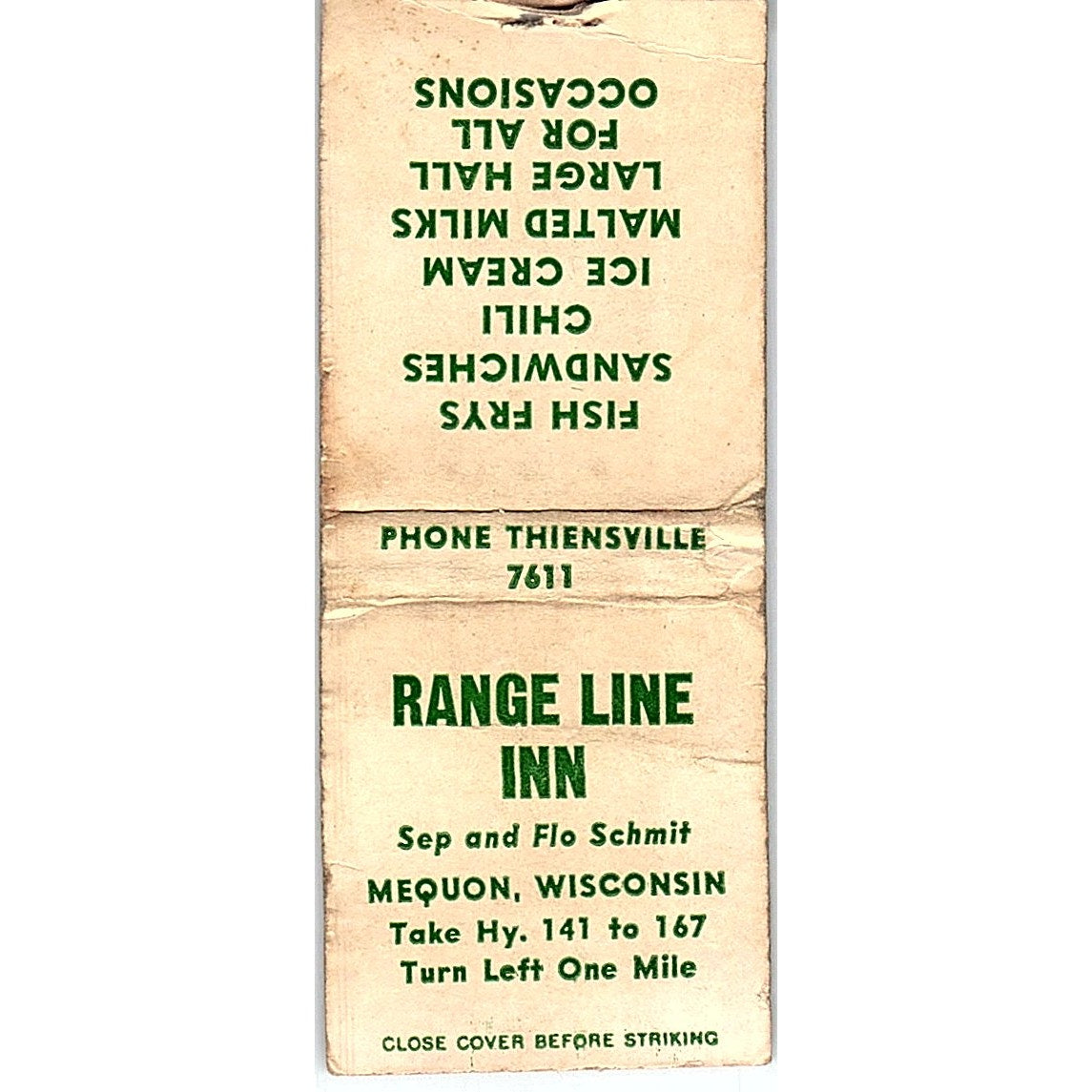 Range Line Inn Sep & Flo Schmit Mequon WI Vintage Matchbook Cover SF3-Y9