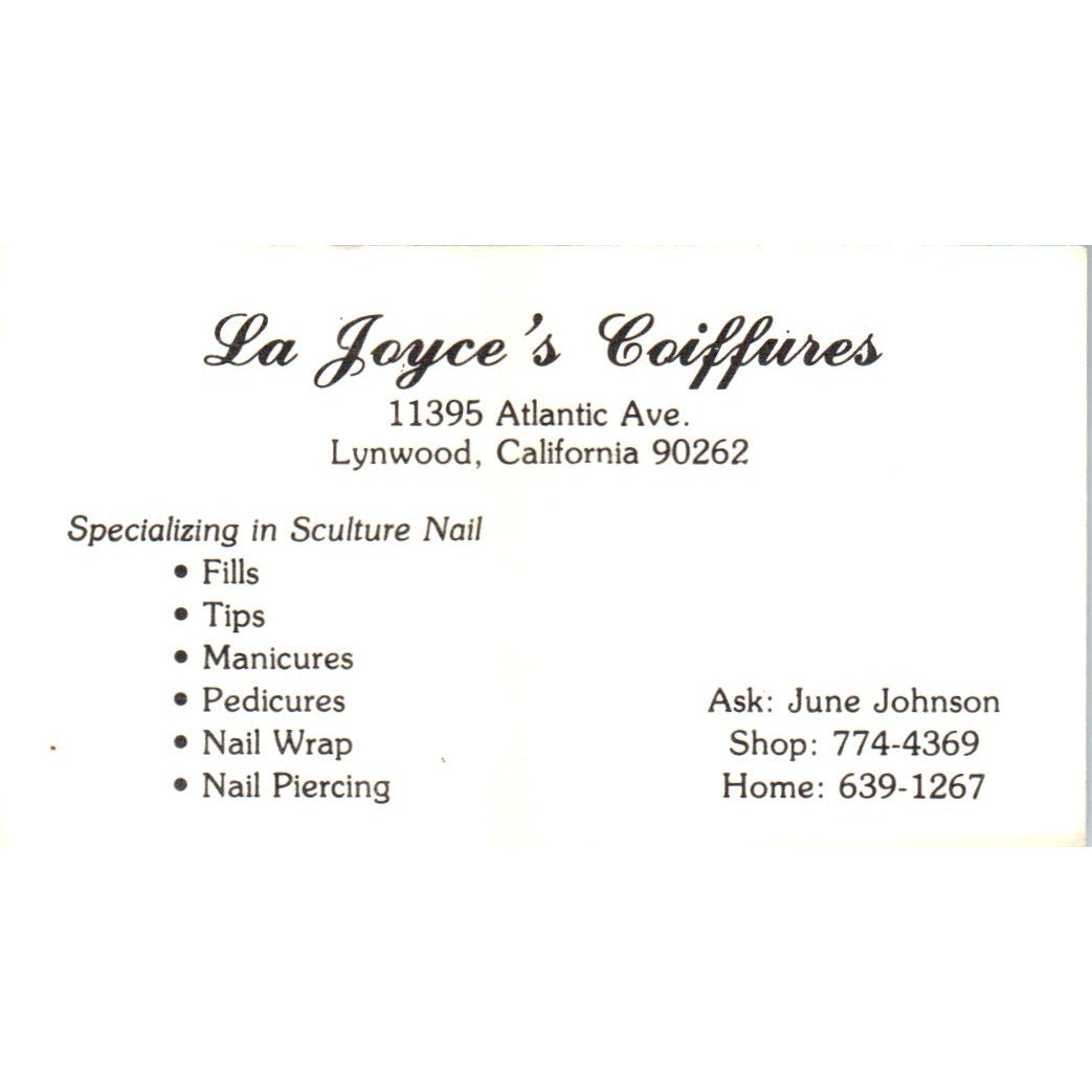 La Joyce's Coiffures Lynwood CA Vintage Business Card SD8-B12