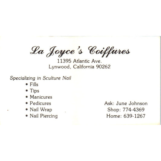 La Joyce's Coiffures Lynwood CA Vintage Business Card SD8-B12