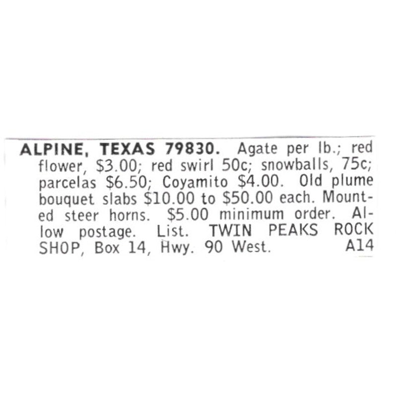 Twin Peaks Rock Shop Alpine Texas 1972 Ad AF8-S16