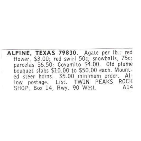 Twin Peaks Rock Shop Alpine Texas 1972 Ad AF8-S16