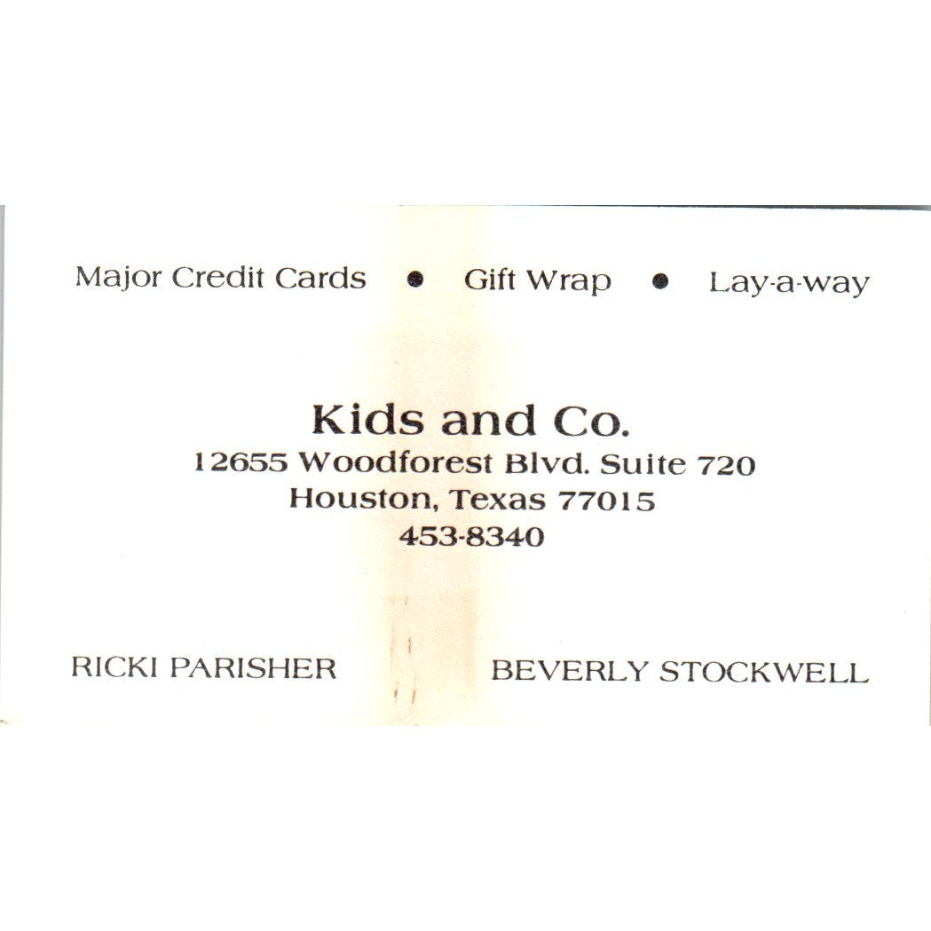 Ricki Parisher Beverly Stockwell Kids and Co Houston Vtg Business Card SE3-B7