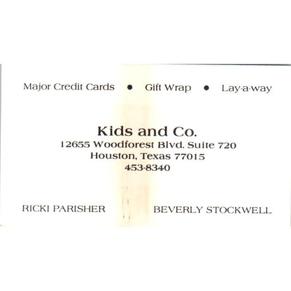 Ricki Parisher Beverly Stockwell Kids and Co Houston Vtg Business Card SE3-B7