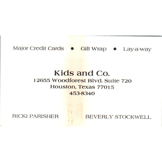 Ricki Parisher Beverly Stockwell Kids and Co Houston Vtg Business Card SE3-B7