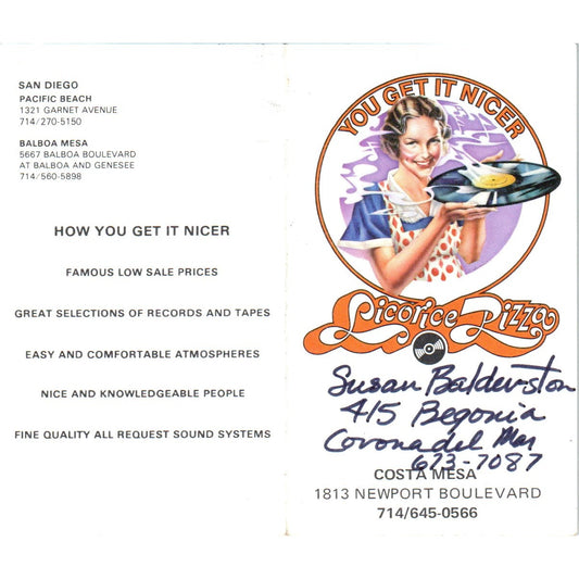 Licorice Pizza Susan Balderston Costa Mesa CA Vintage Business Card SD8-B21