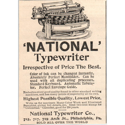 National Typewriter Co Philadelphia PA 1892 Magazine Ad AB6-3