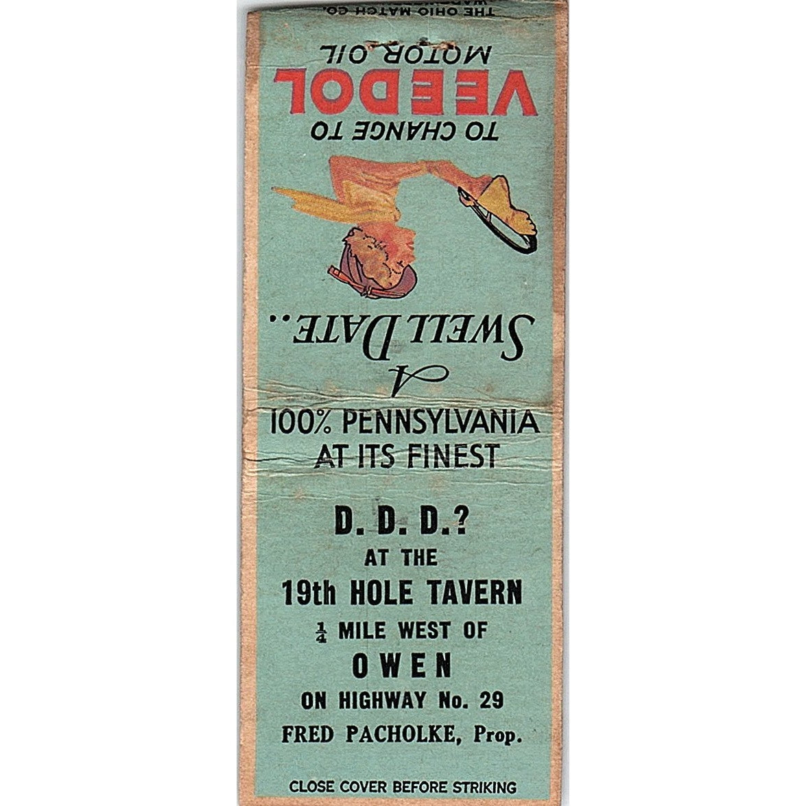 19th Hole Tavern Fred Pacholke Owen WI Veedol Vintage Matchbook Cover SC7-Y6