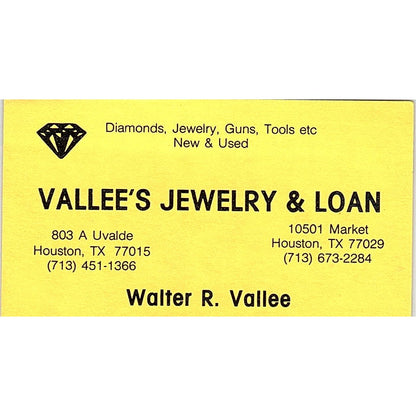 Vallee Jewelry & Loan Walter R Vallee Houston TX Vintage Business Card SB4-B10